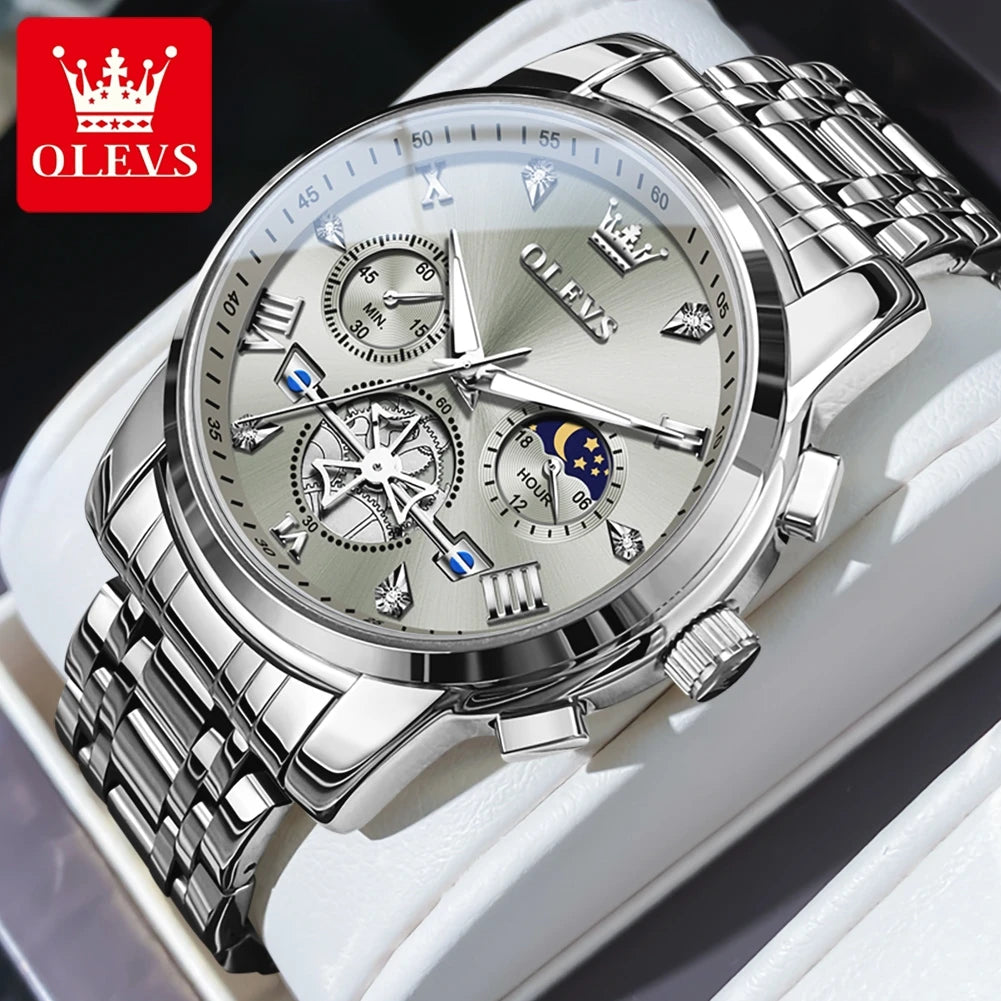 Reloj de Hombre OLEVS Clásico | Cronógrafo Multifunción, Fase Lunar y Resistente al Agua