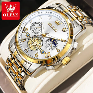 Reloj de Hombre OLEVS Clásico | Cronógrafo Multifunción, Fase Lunar y Resistente al Agua