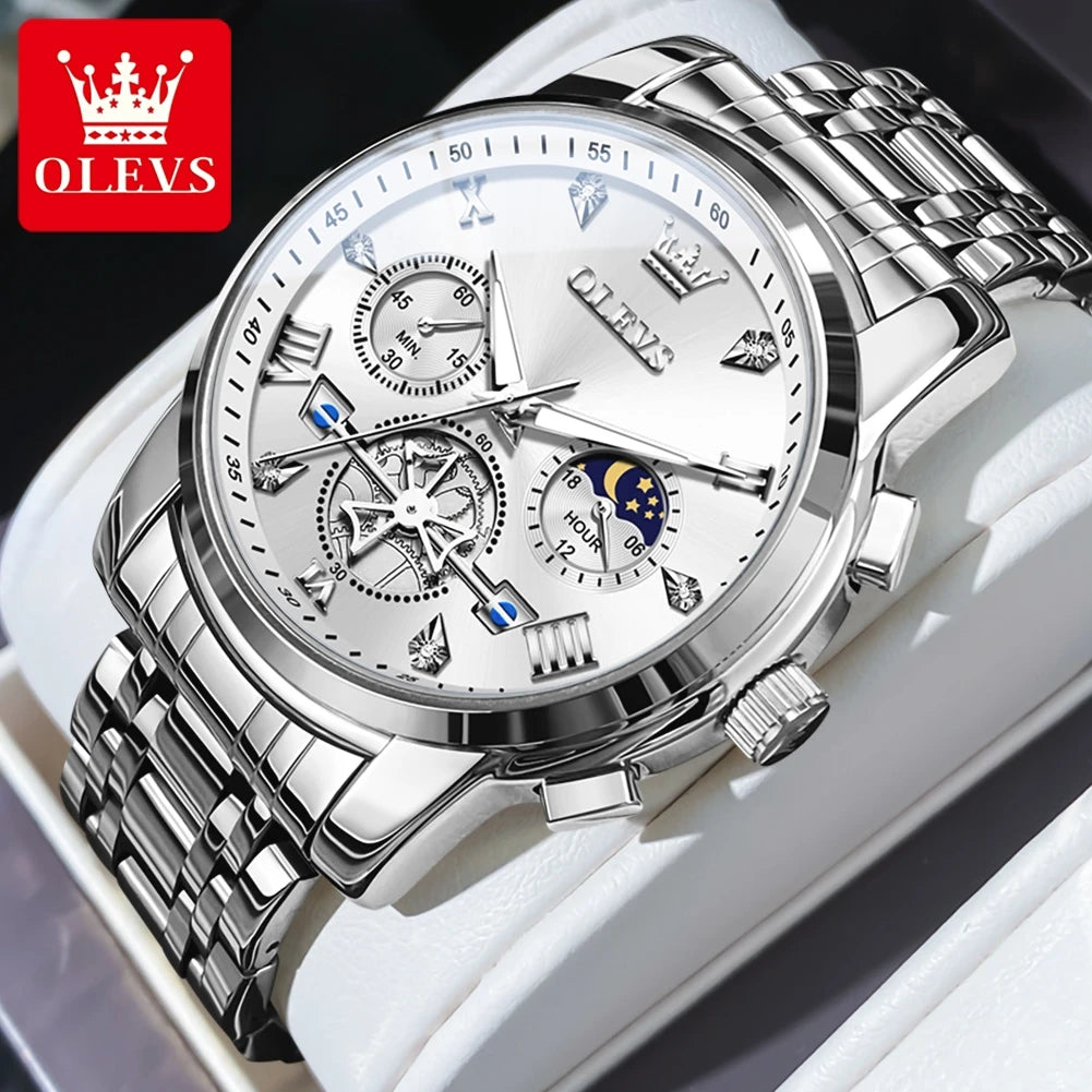 Reloj de Hombre OLEVS Clásico | Cronógrafo Multifunción, Fase Lunar y Resistente al Agua